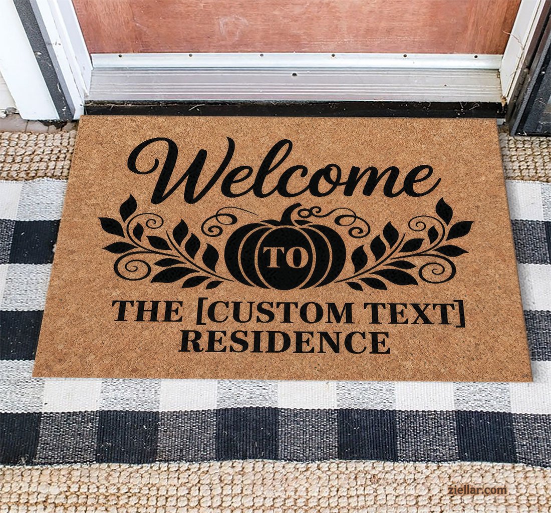 Personalized Rustic Fall Doormat with Pumpkins & Leaves, Unique Entryway Mat