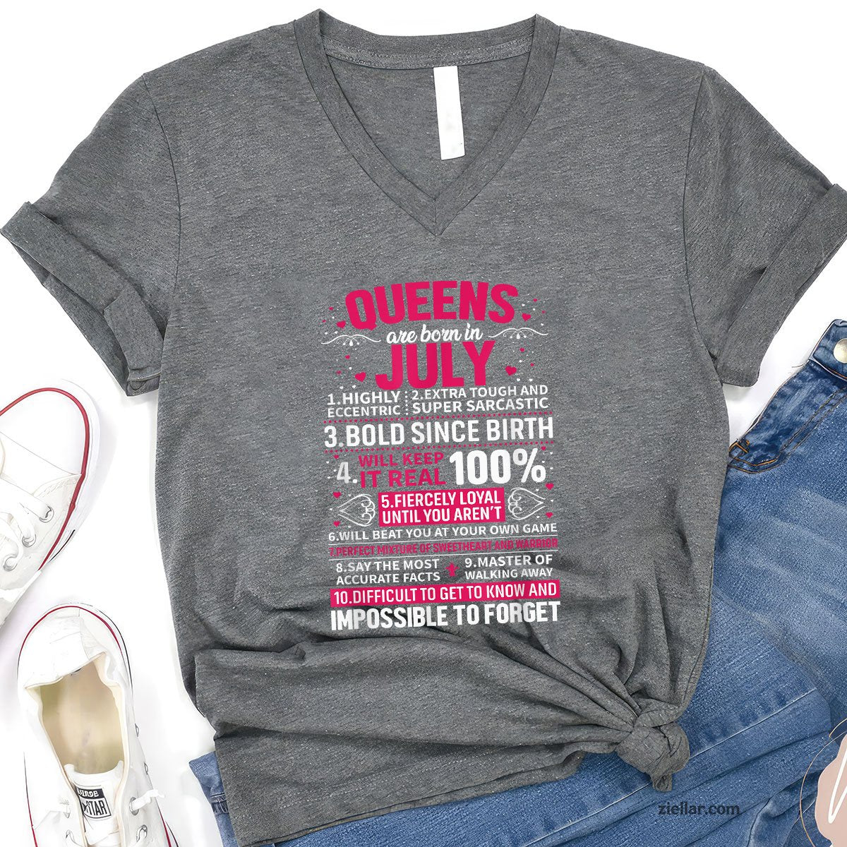Queens Are Born in July V-Neck Shirt, Patriotic USA Independence Day Gift