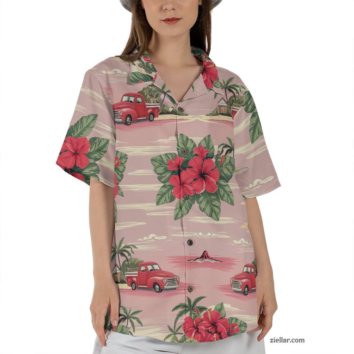 Retro Beach Scene with Red Hibiscus Seamless Pattern Hawaiian Shirts Men Women – Make a Statement This Summer