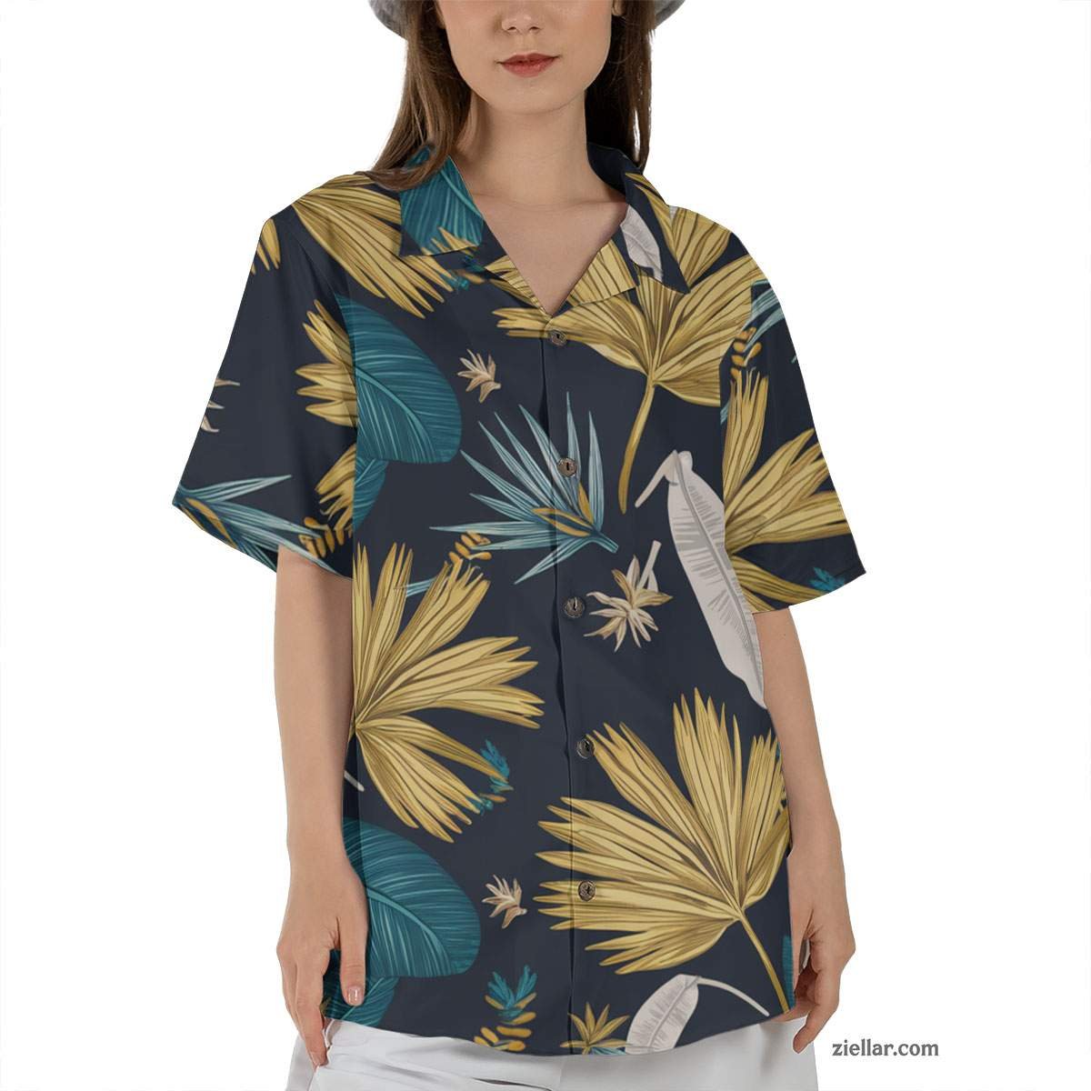 Teal Gold White Leaf Hawaiian Shirt and Tee, Tropical Summer Beach Outfit