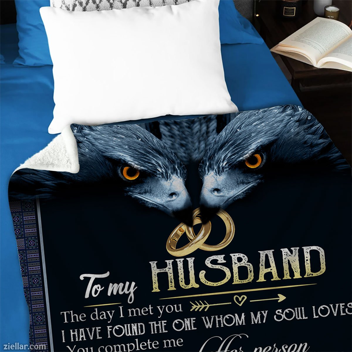 To My Husband Quilt Blanket, Fleece Blanket Blue Wolf Romantic Gift from Loving Wife