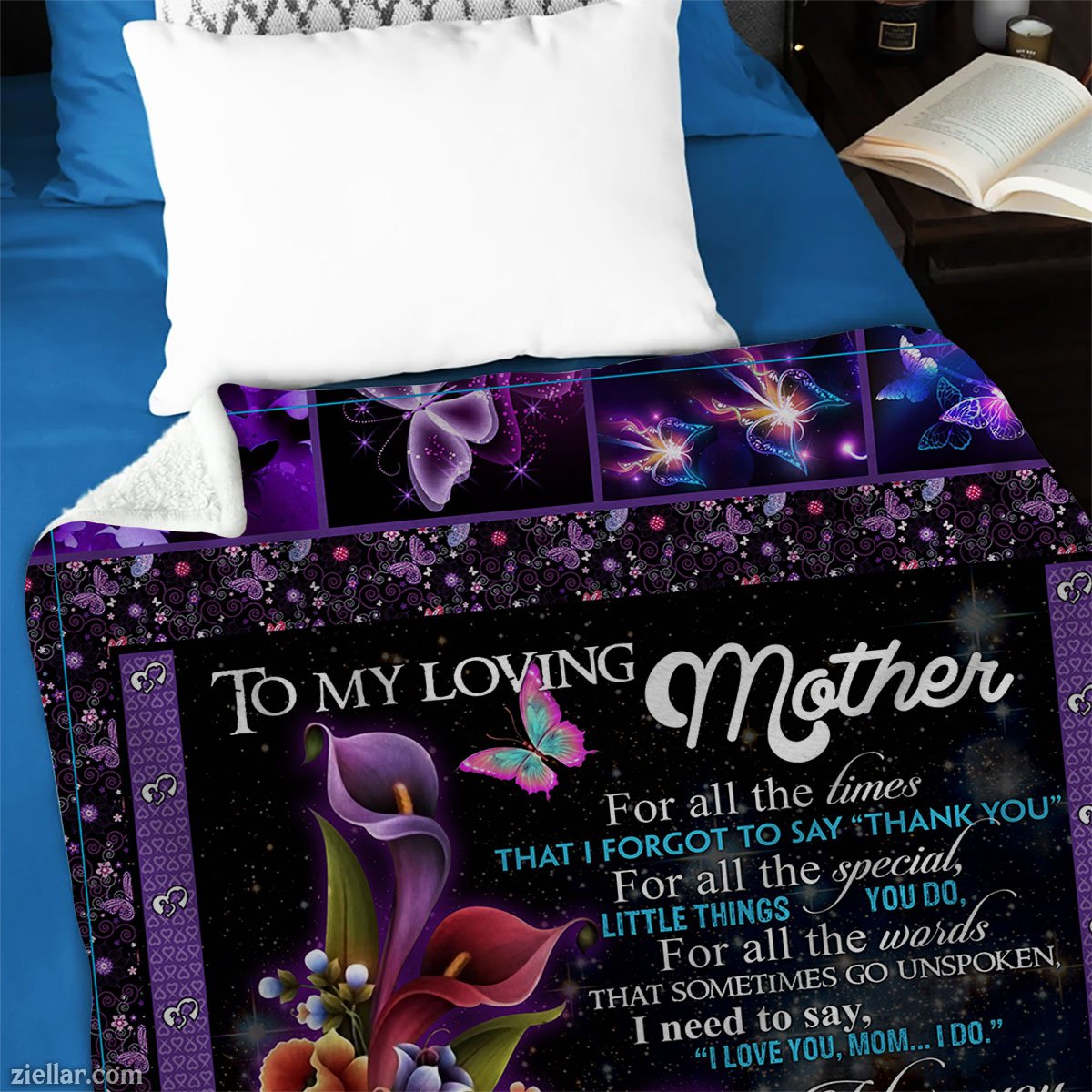 To My Loving Mother Quilt Blanket, Fleece Blanket Purple Floral Design Gift for Mom