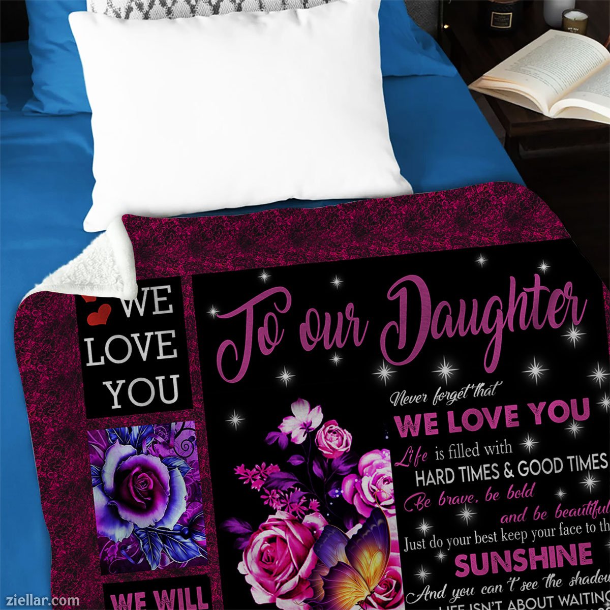 To Our Daughter Quilt Blanket, Fleece Blanket Gift with Pink Rose and Heartfelt Message