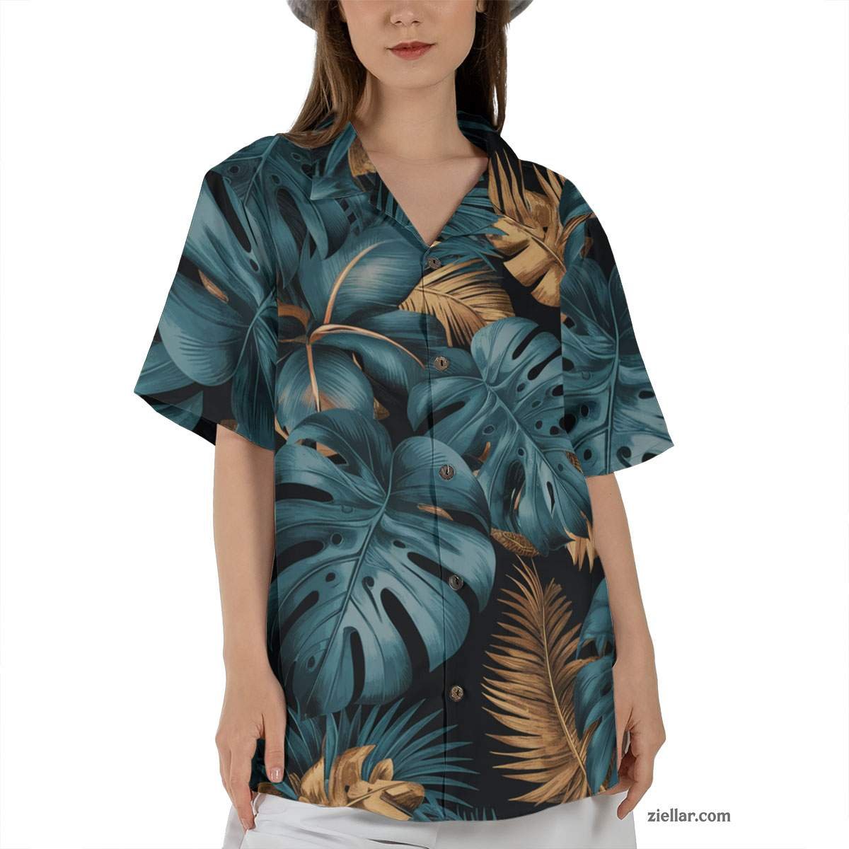 Tropical Black Hawaiian Shirt Tee, Teal Gold Palm Leaves Beach Outfit