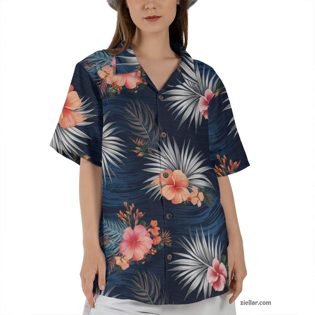 Tropical Navy Hawaiian Shirt and Tee, Flowers and Leaves Aloha Beach Outfit