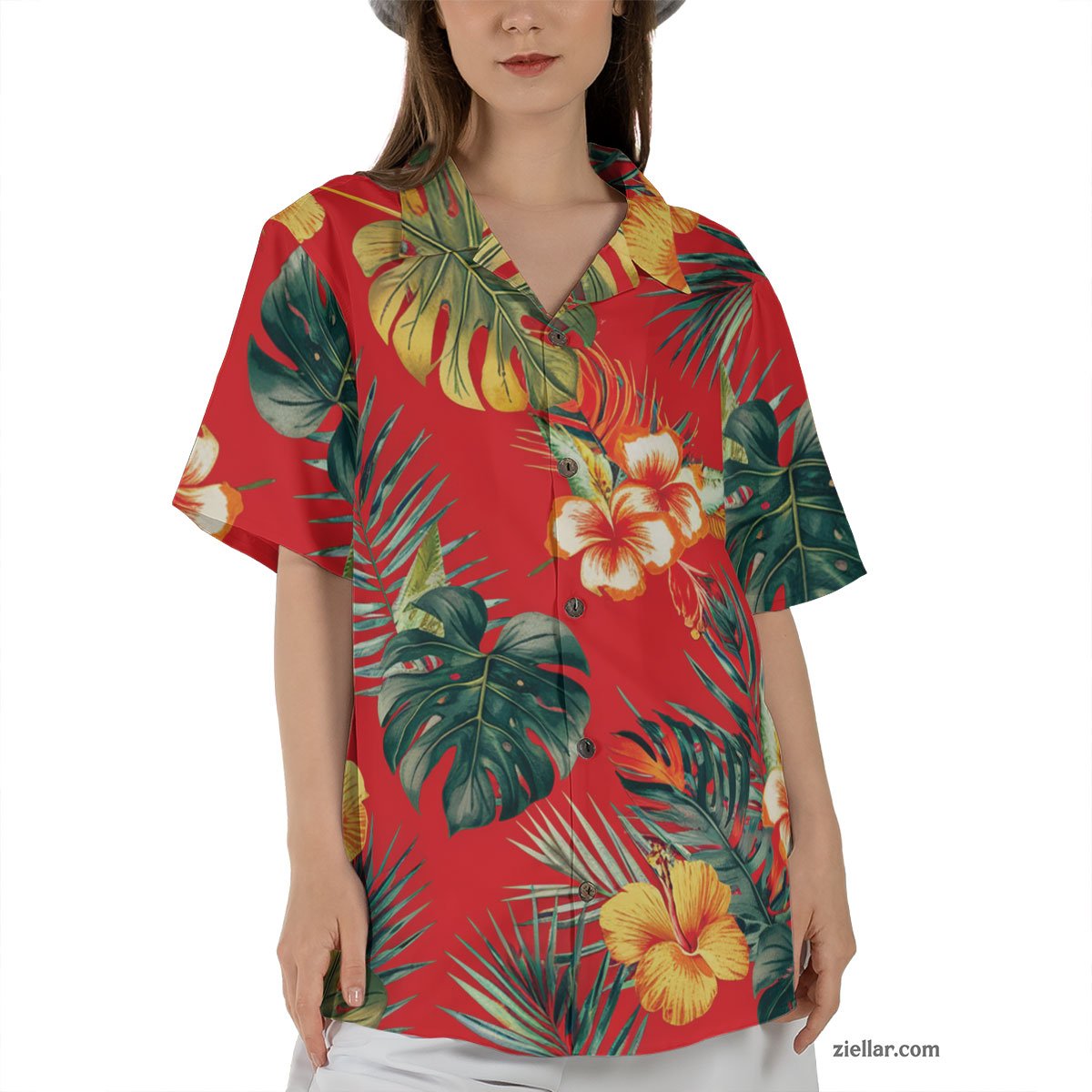 Tropical Red Floral Hawaiian Shirt and Tee, Vibrant Beach Shirt for Adults