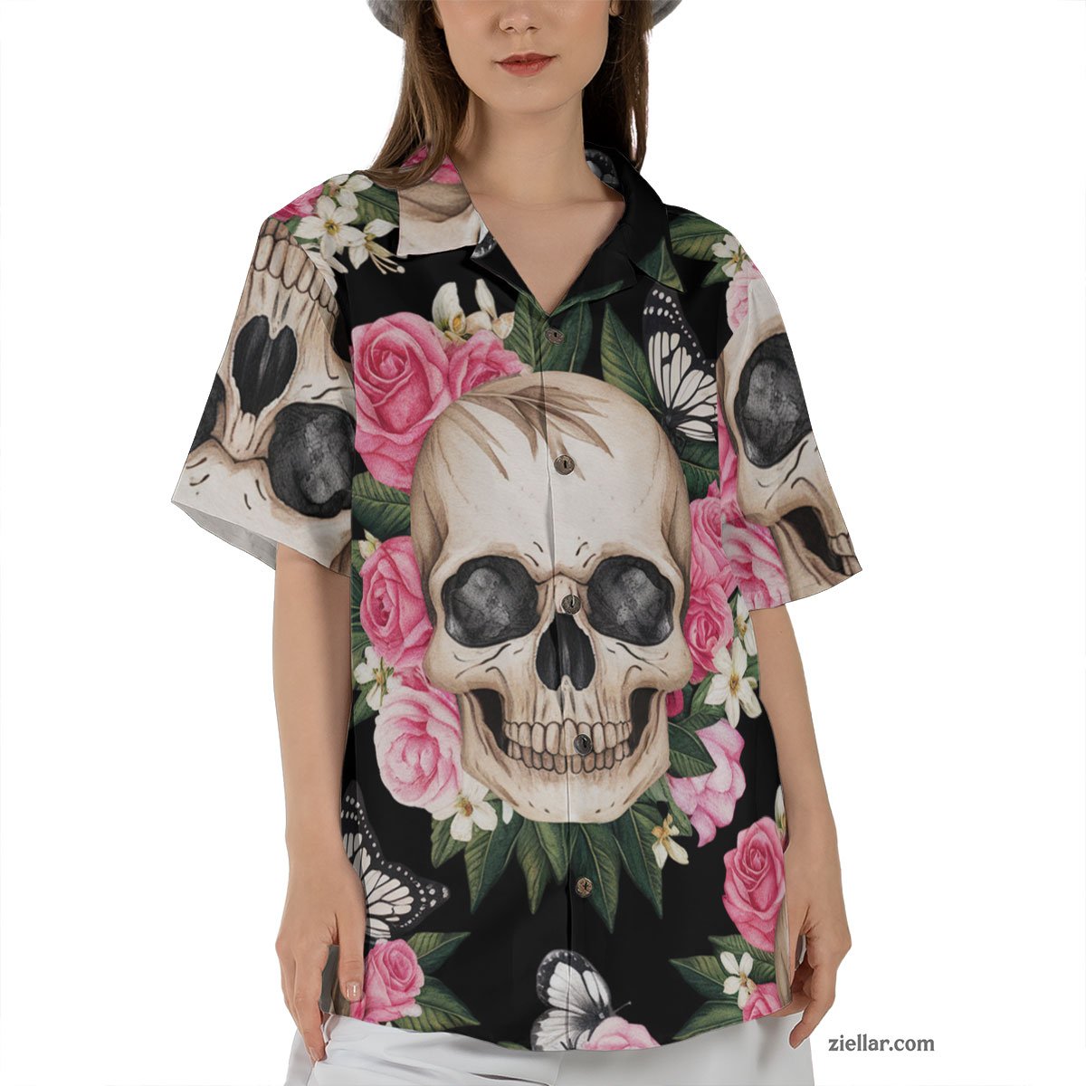 Tropical Skull Butterfly Hawaiian Shirt Tee, Punk Summer Outfit for Men