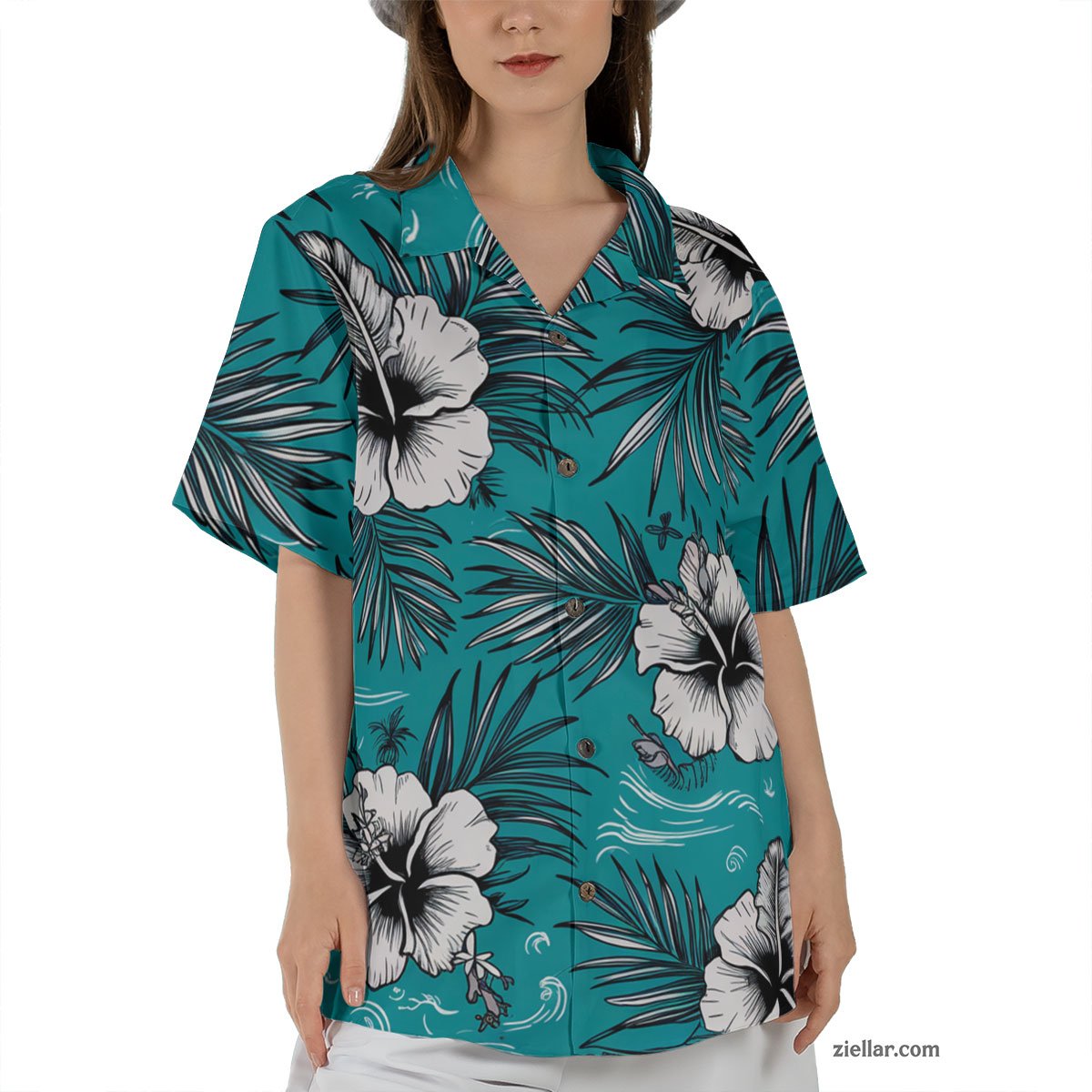 Turquoise Aloha Hawaiian Shirt Tee, Hibiscus Palm Beach Outfit for Adults