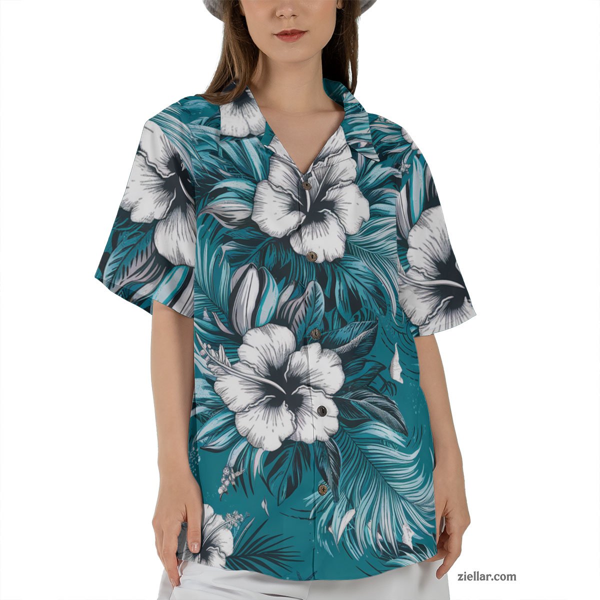 Turquoise Hibiscus Palm Hawaiian Shirt Tee, Tropical Vacation Shirt Adults