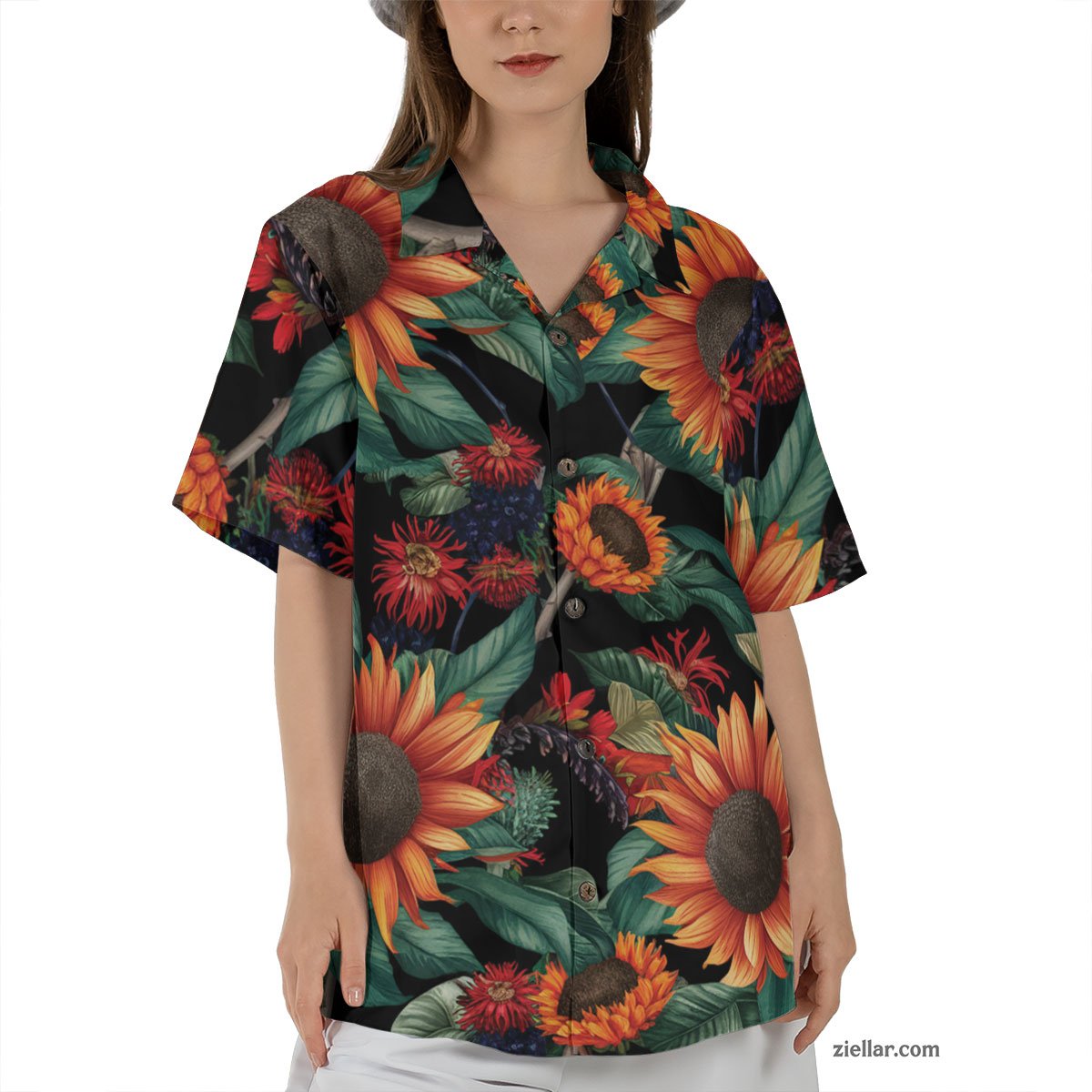 Vibrant Sunflower Hawaiian Shirt and Tee, Beach Floral Shirt for Women Men