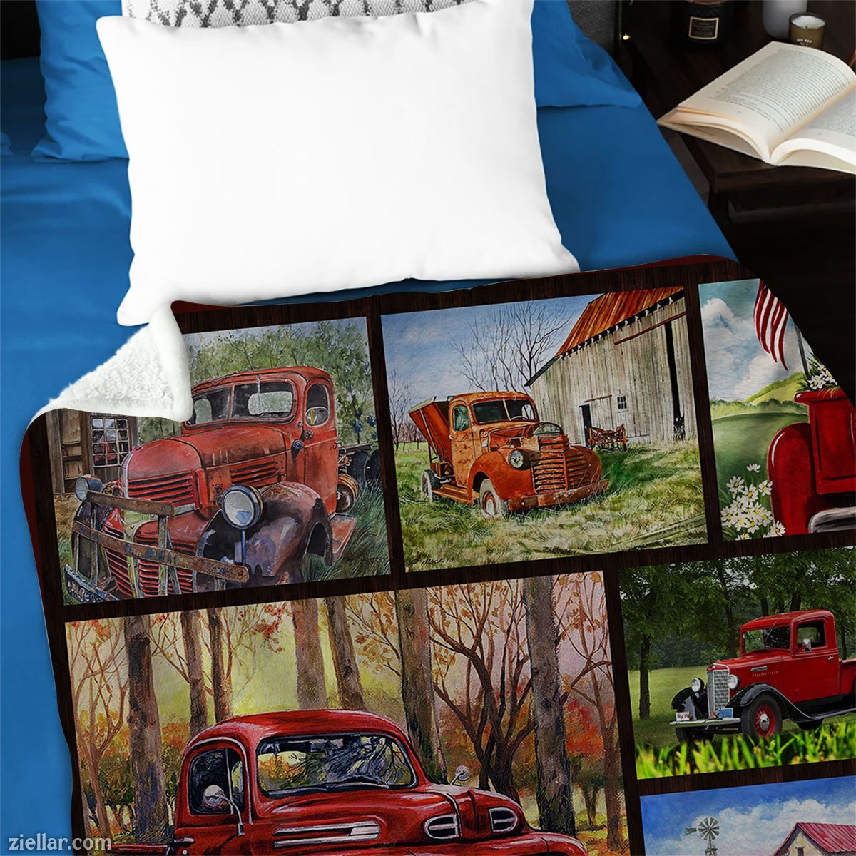 Vintage Red Truck Quilt Blanket, Fleece Blanket Rustic Country Car Lover Gift Design