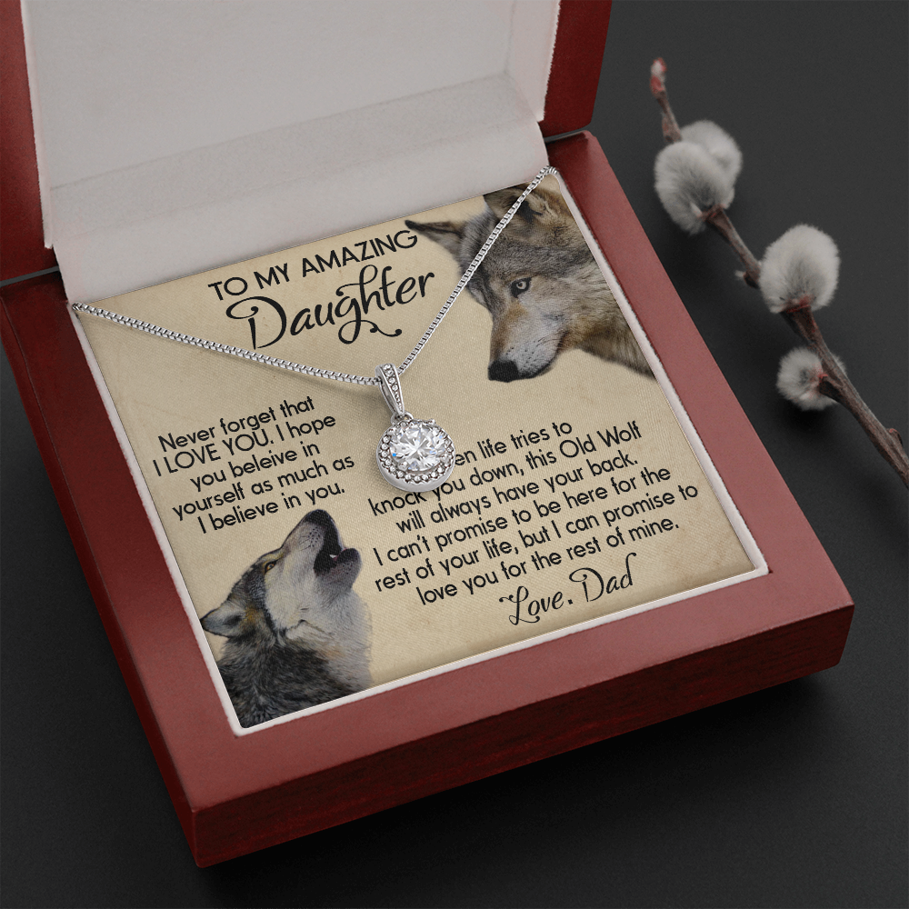 15E To my Daughter Necklace, Wolf Dad Gift for Daughter, I LOVE YOU Necklace