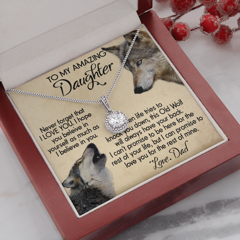 15E To my Daughter Necklace, Wolf Dad Gift for Daughter, I LOVE YOU Necklace