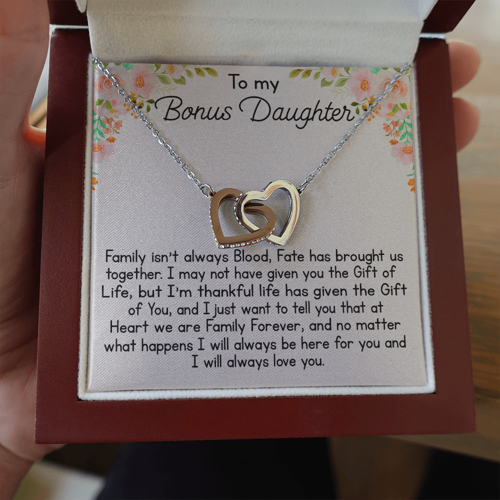 To My Bonus Daughter Gift Interlock Joined Heart Necklace Gift For Birthday Xmas 476