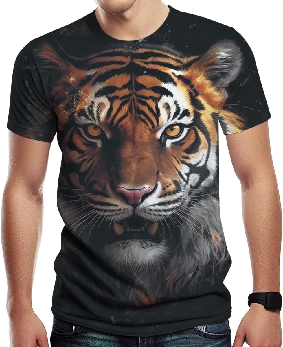 3D Tiger Graphic Tee for Men, Novel Animal Print T-Shirt Summer Casual Wear with Cool Design