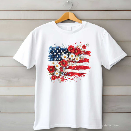4th of July Floral American Flag Wildflowers Patriotic Women T-Shirt Tee