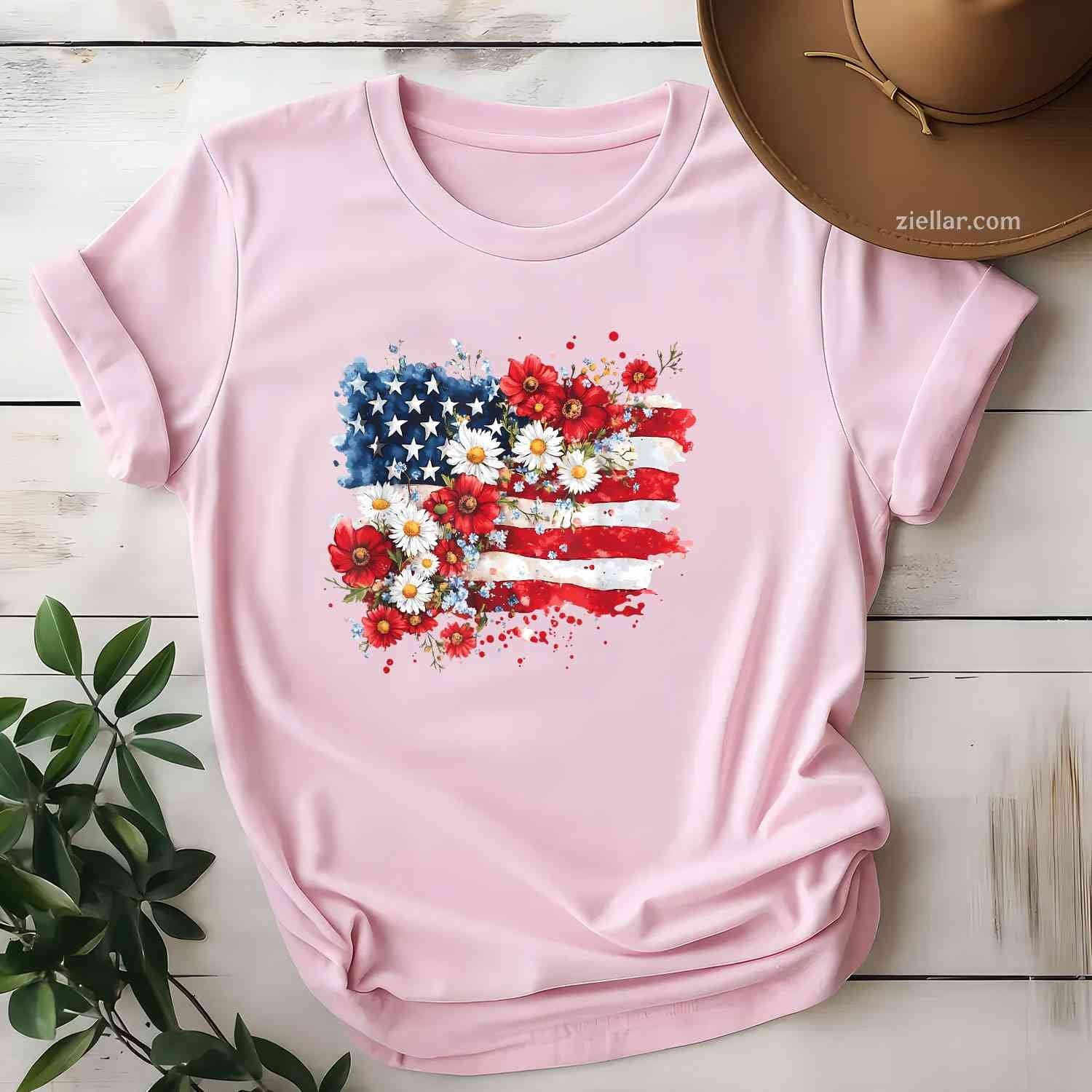 4th of July Floral American Flag Wildflowers Patriotic Women T-Shirt Tee