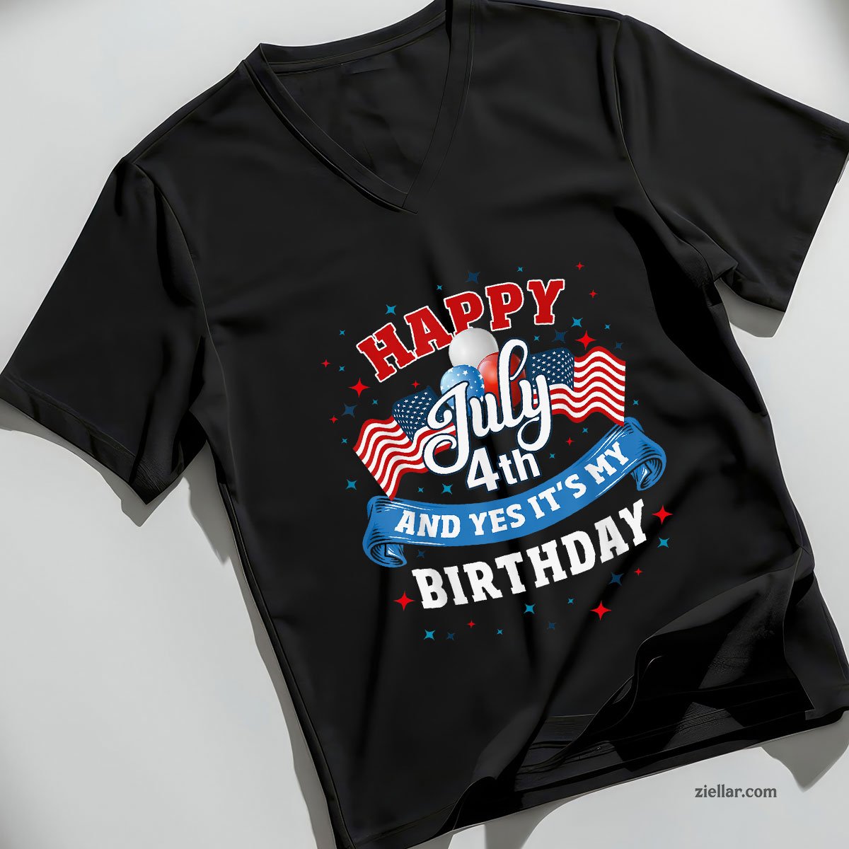 4th of July Birthday Shirt American Flag Happy V-Neck Shirt