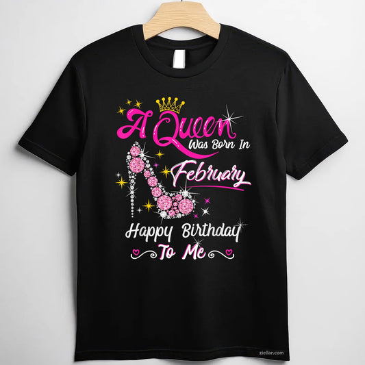 A Queen Was Born in February Tee and T-Shirt, Birthday Girl Crown Gift T-Shirt for Women Adults