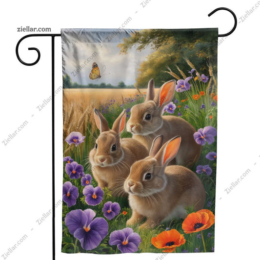 Adorable Bunnies in a Meadow with Colorful Flowers Spring Easter Home Decor