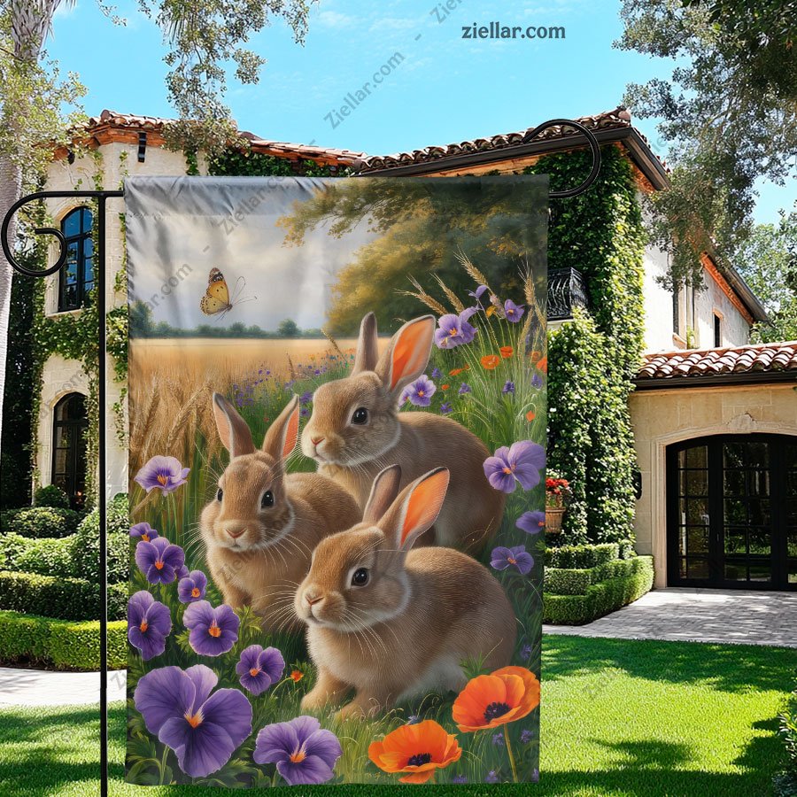 Adorable Bunnies in a Meadow with Colorful Flowers Spring Easter Home Decor
