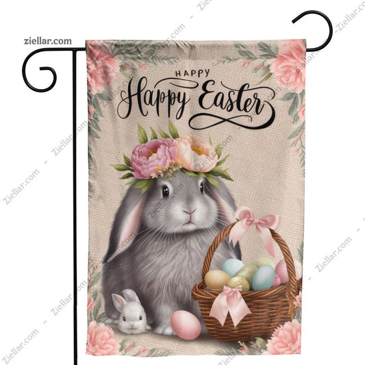 Adorable Easter Bunny with Floral Decorations and Basket Spring Garden Flag