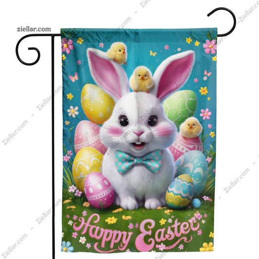 Adorable Easter Bunny Illustration with Flowers and Eggs Spring Holiday Art