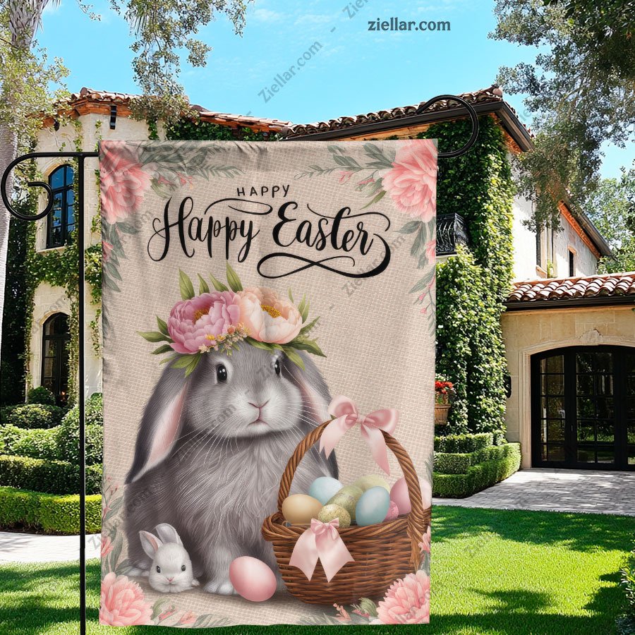 Adorable Easter Bunny with Floral Decorations and Basket Spring Garden Flag