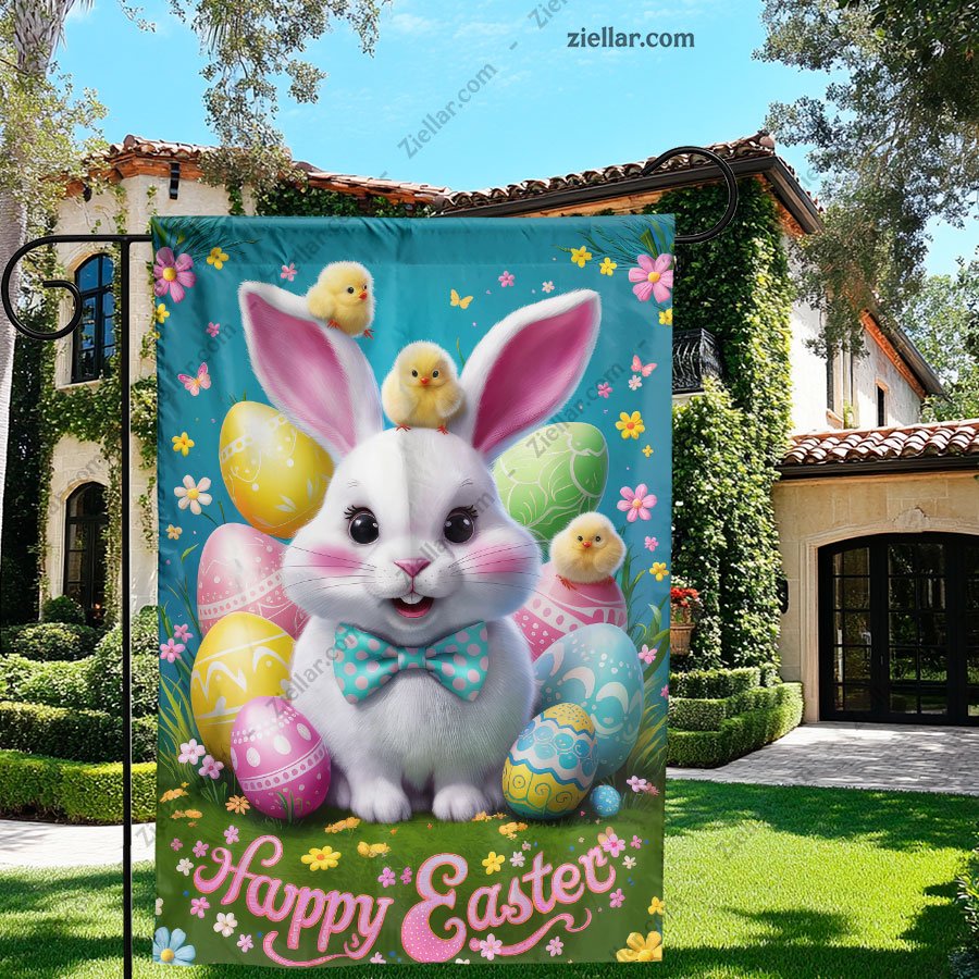 Adorable Easter Bunny Illustration with Flowers and Eggs Spring Holiday Art