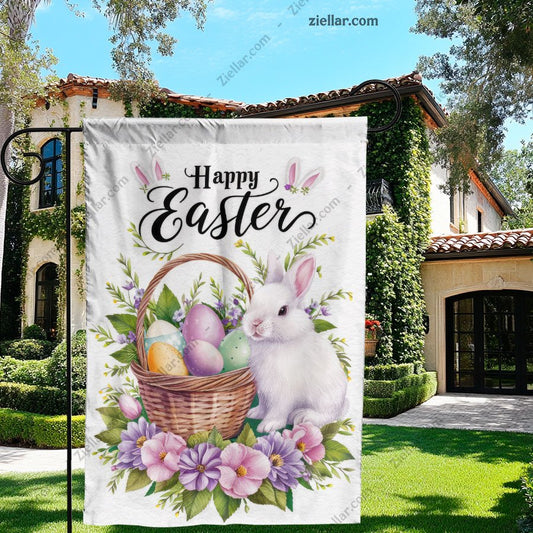 Adorable Happy Easter Bunny with Basket Spring Garden Flag Yard Decoration