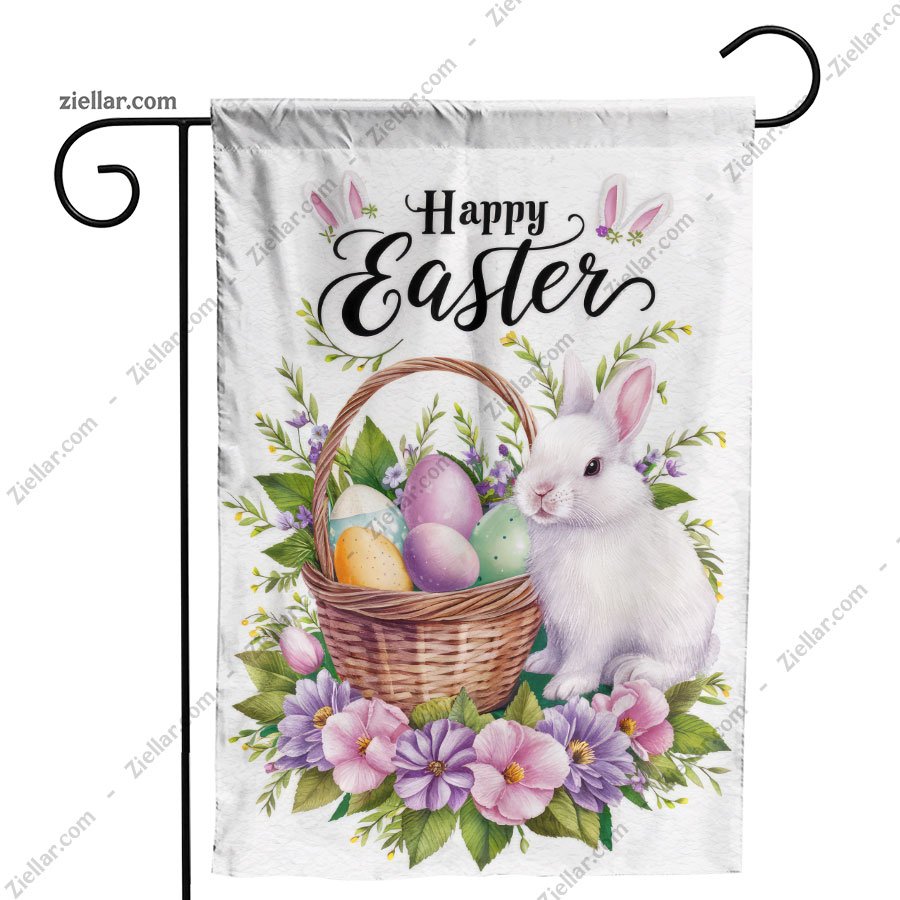 Adorable Happy Easter Bunny with Basket Spring Garden Flag Yard Decoration