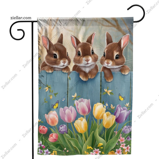 Adorable Three Bunnies Sitting on Fence with Spring Flowers Easter Decor