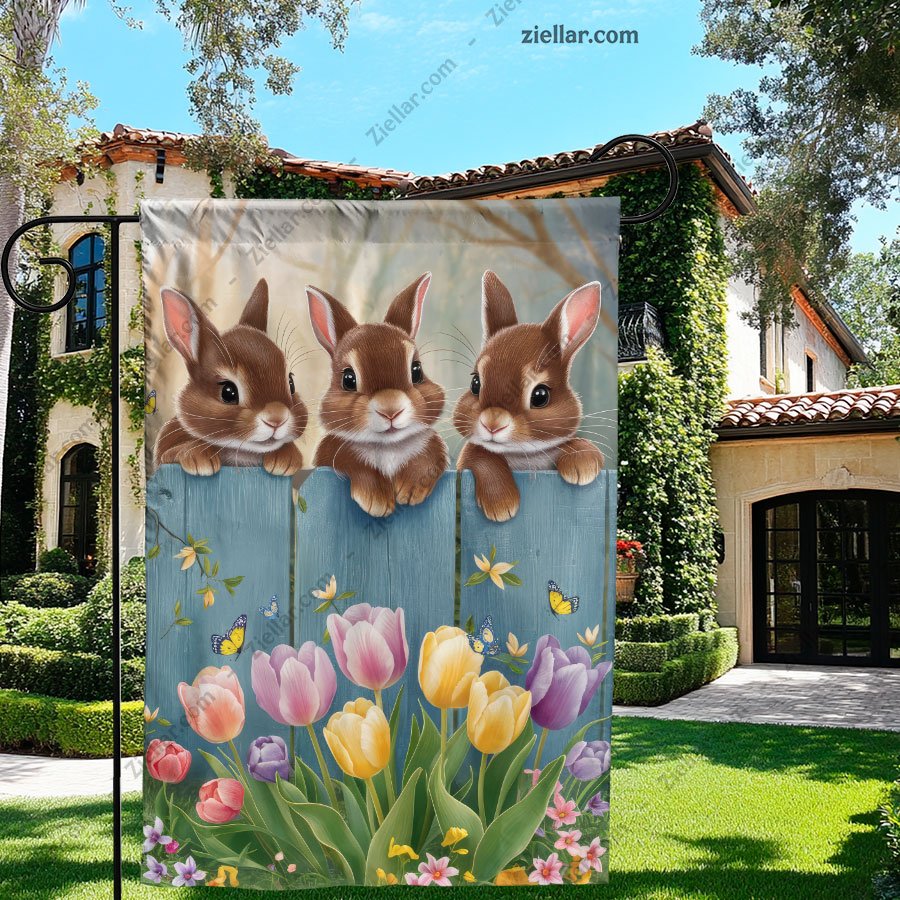 Adorable Three Bunnies Sitting on Fence with Spring Flowers Easter Decor