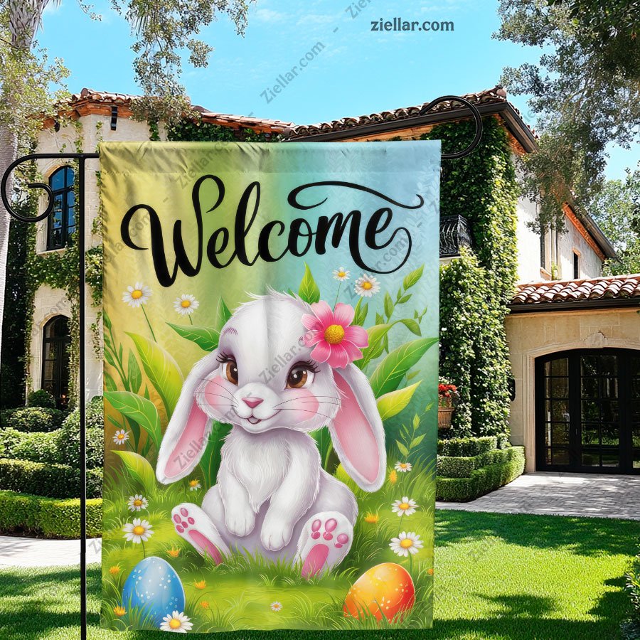 Adorable Welcome Bunny with Colorful Flowers Spring Garden Yard Decor Sign