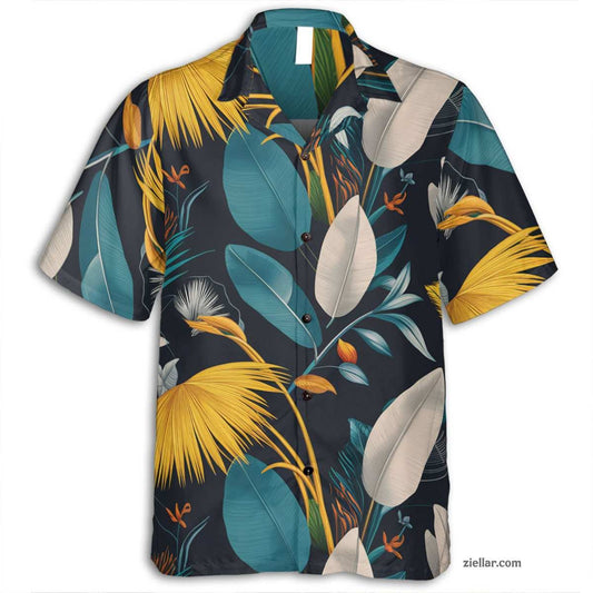 Aloha Beach Party Hawaiian Shirt Tee, Teal Gold Tropical Leaf Gift Adults