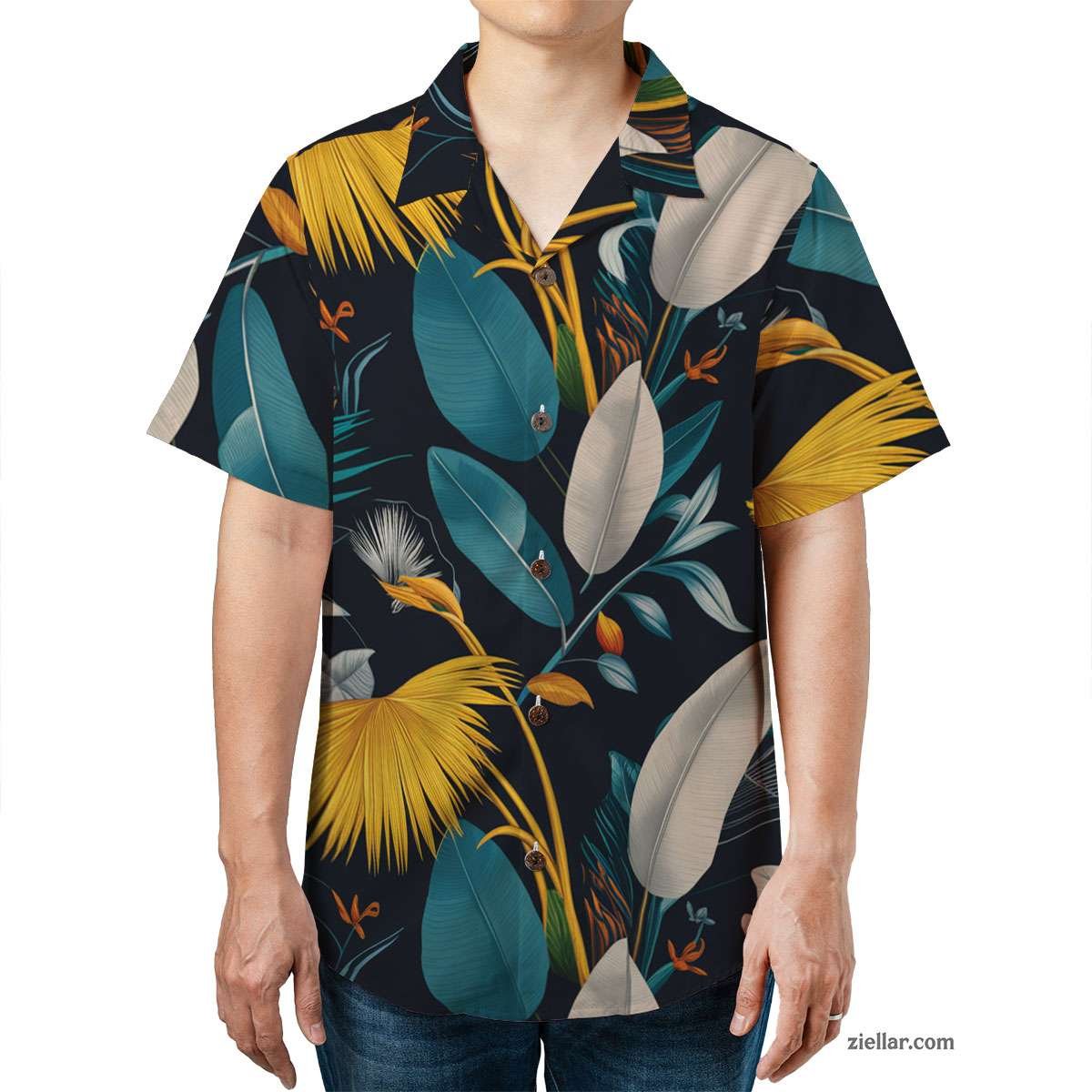 Aloha Beach Party Hawaiian Shirt Tee, Teal Gold Tropical Leaf Gift Adults
