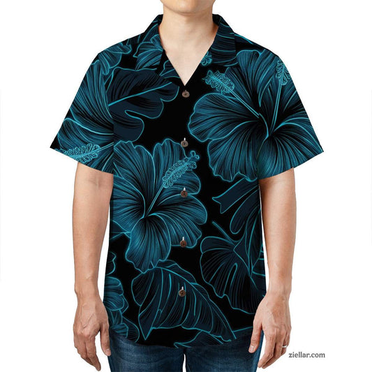 Aloha Hibiscus Hawaiian Shirt Tee, Black Blue Floral Beach Outfit Adults