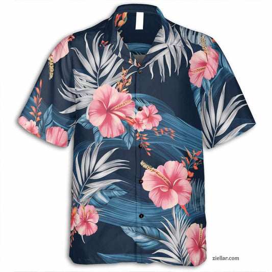Aloha Navy Blue Hawaiian Shirt and Tee, Tropical Floral Vacation Wear Unisex