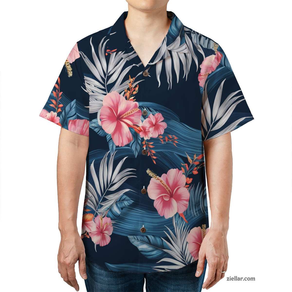 Aloha Navy Blue Hawaiian Shirt and Tee, Tropical Floral Vacation Wear Unisex