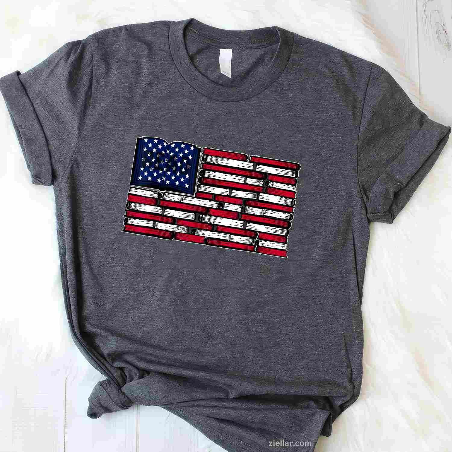 America Us Flag Books Library T-Shirt, Reading For Book Lover, Reader Graphic Tee For Usa Adults