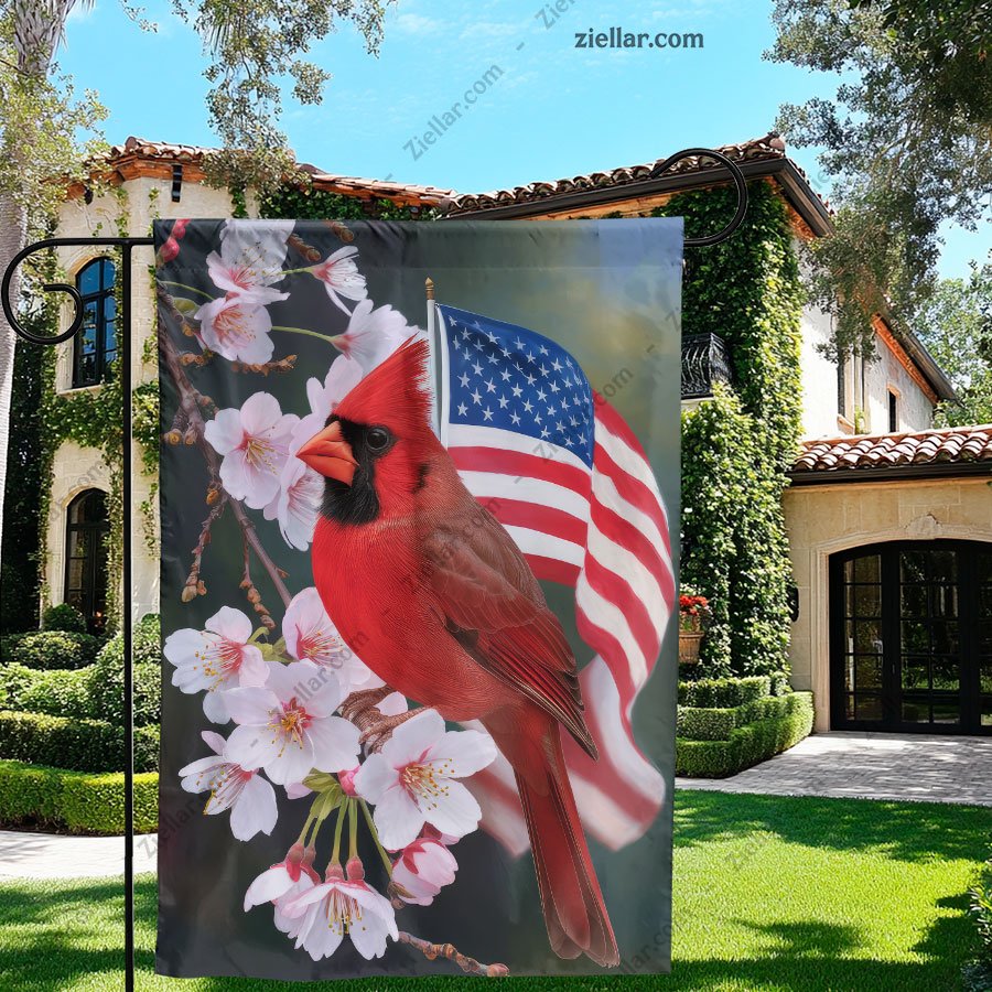 American Cardinal Garden Flag with Floral, Patriotic Outdoor Yard Decoration