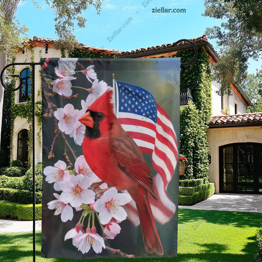 American Cardinal Garden Flag with Floral, Patriotic Outdoor Yard Decoration