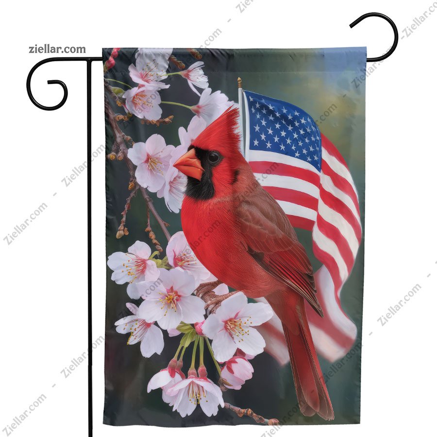 American Cardinal Garden Flag with Floral, Patriotic Outdoor Yard Decoration