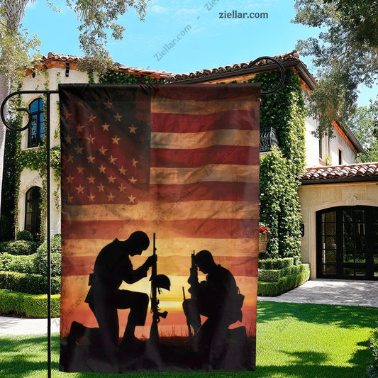 American Flag with Soldiers' Silhouettes Patriotic Garden Yard Flag Home Decor