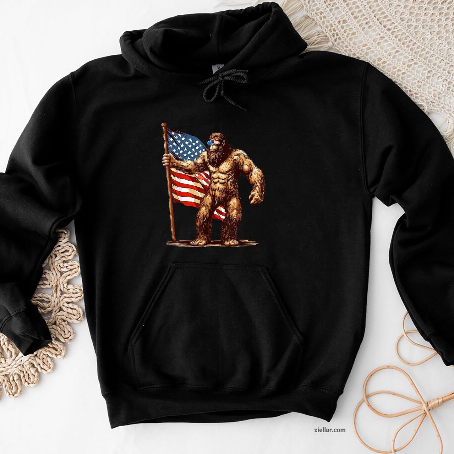 American Flag Bigfoot Sunglasses Patriotic 4th of July USA Hoodie Shirt