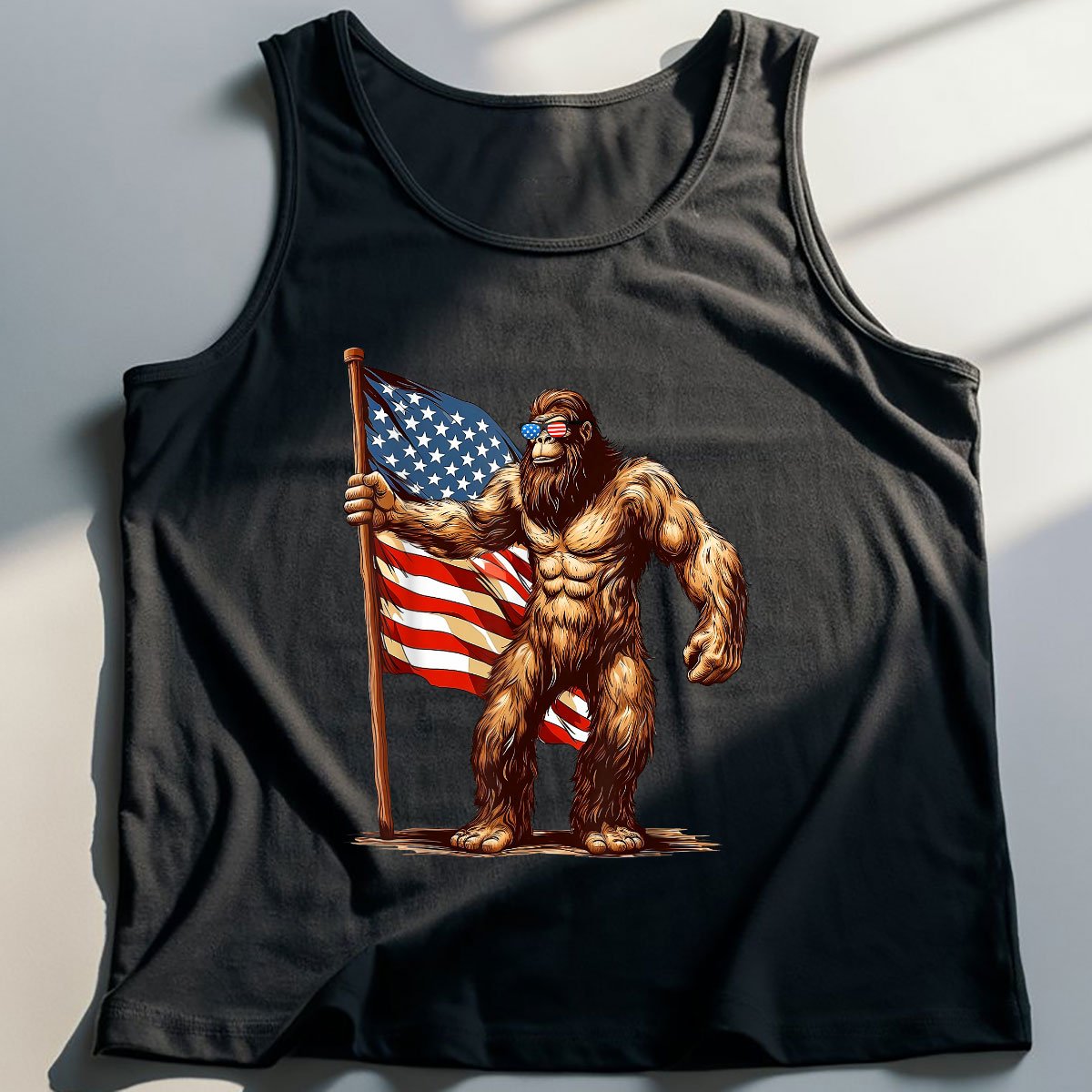 American Flag Bigfoot Sunglasses Patriotic 4th of July USA Tank Top Shirt