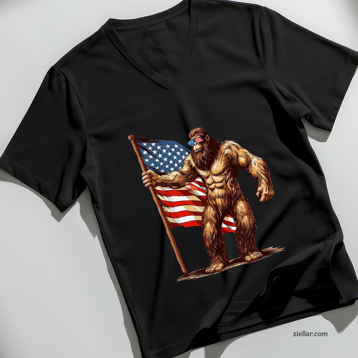 American Flag Bigfoot Sunglasses Patriotic 4th of July USA V-Neck Shirt