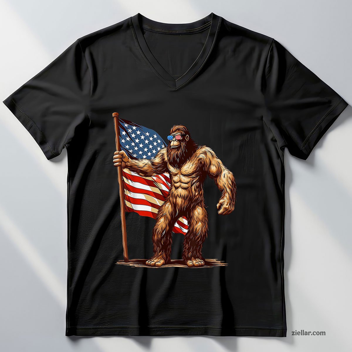 American Flag Bigfoot Sunglasses Patriotic 4th of July USA V-Neck Shirt