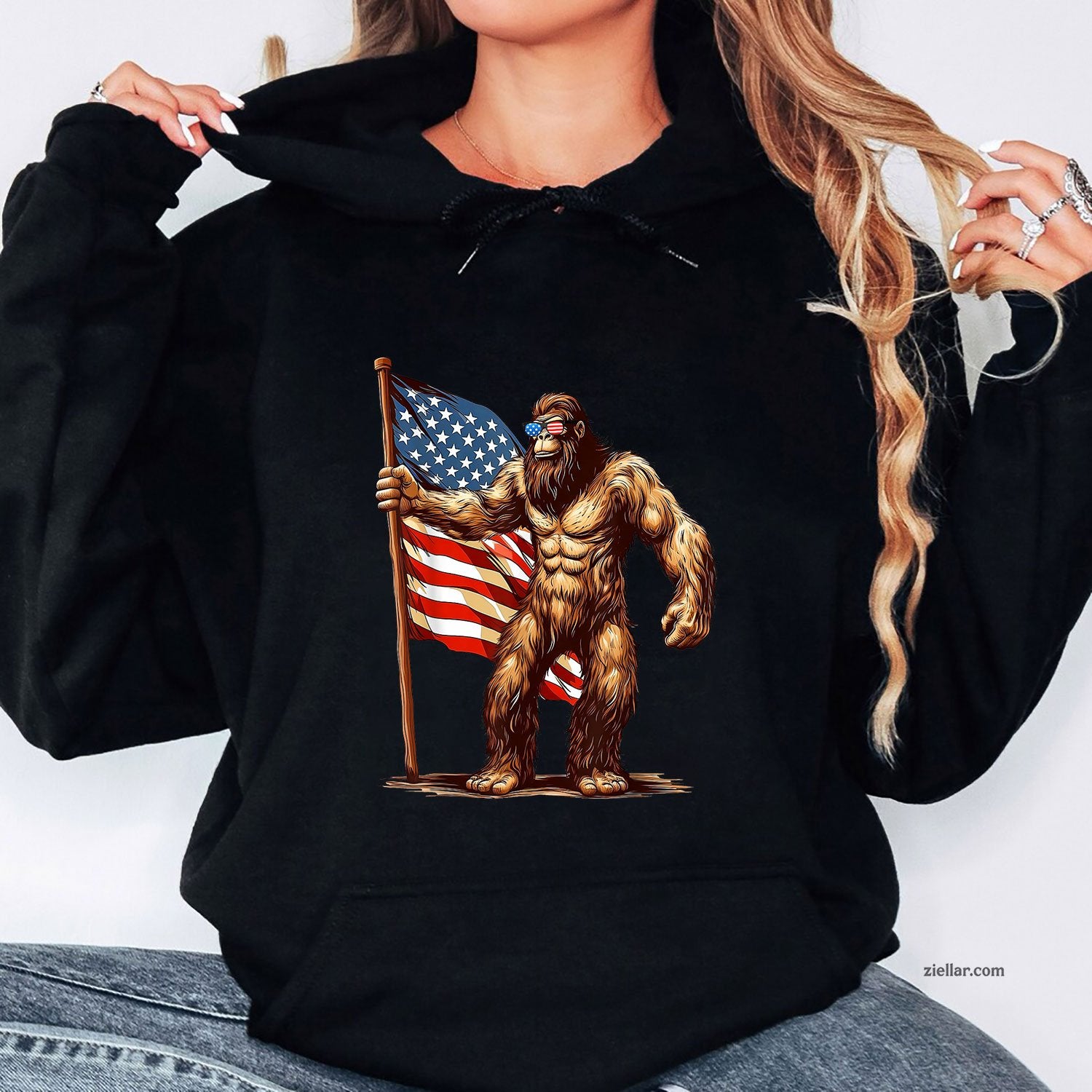 American Flag Bigfoot Sunglasses Patriotic 4th of July USA Hoodie Shirt