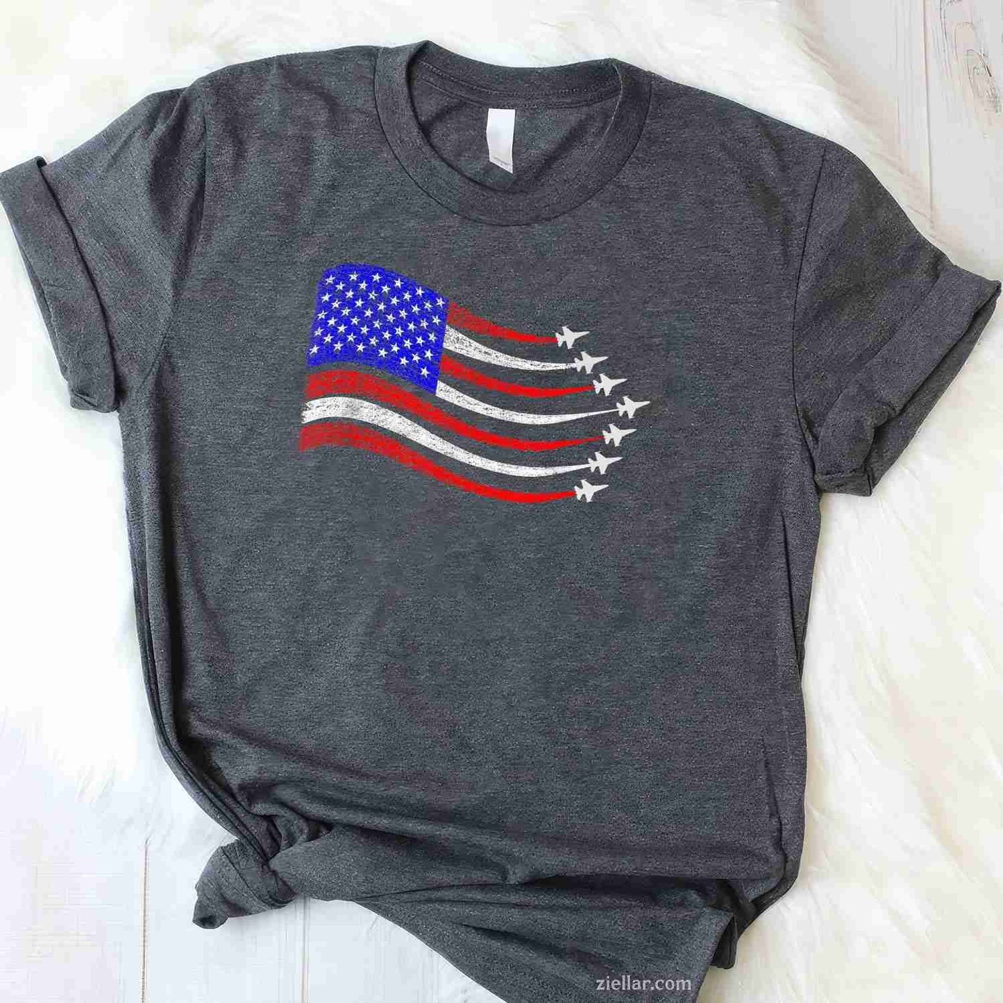 American Patriotic Fighter Jets USA Flag Waving 4th of July T-Shirt Tee for Men Women Adults Unisex